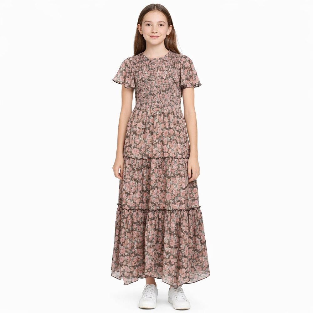 Zunie Floral Chiffon Maxi Dress Smocked Tiered Flutter Sleeve Mocha